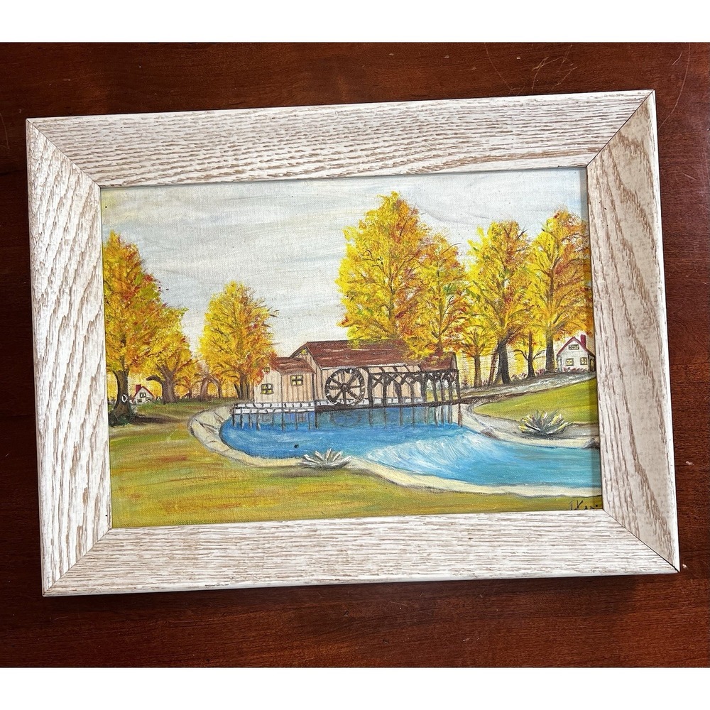 Vtg Oil Painting Water Mill Landscape Signed Framed Folk Art 1965 Original 10x14